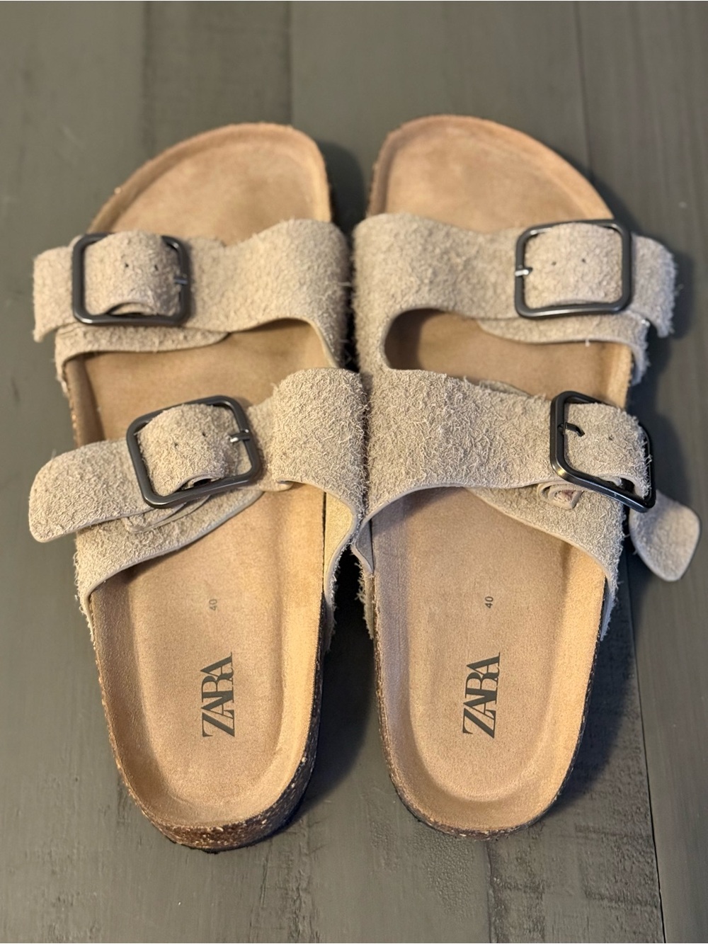 ZARA Men’s 7.5/8 Genuine Suede Leather Split Suede Double Strap Sandals in Beige